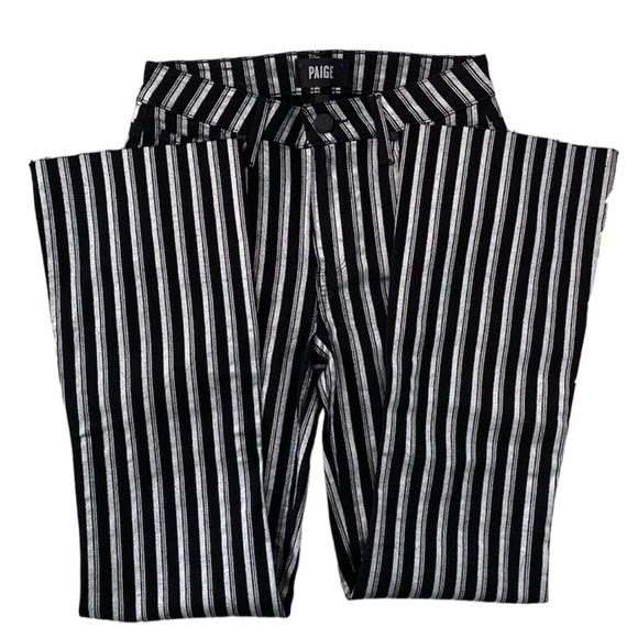 PAIGE Colette Crop Flare Metallic Striped Jeans w Raw Hem Silver Black Stripe 25 - Picture 9 of 14